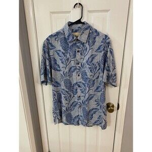 Vintage Silk Men's Blue Pineapple and Leaf Print Linen Blend Hawaiian Shirt